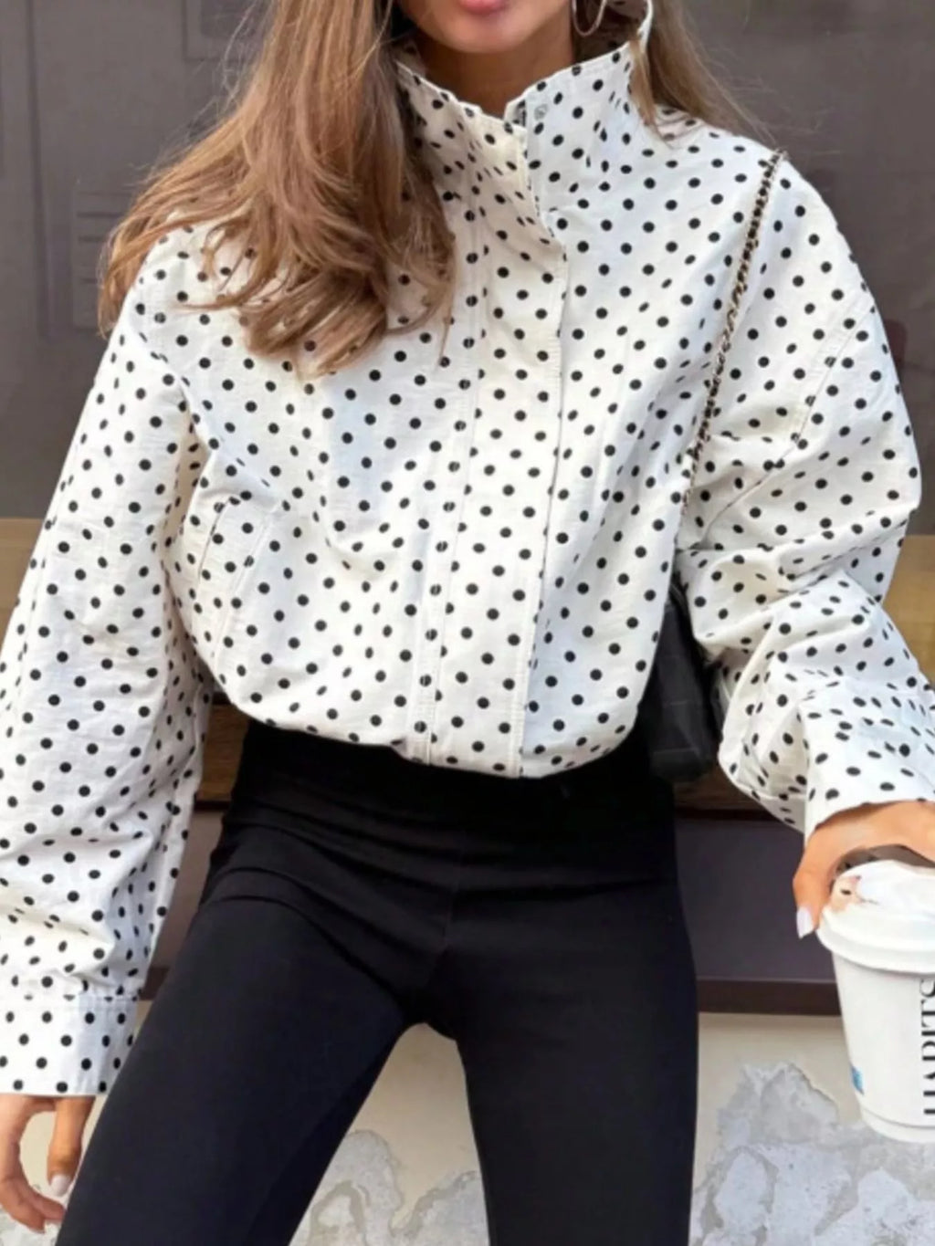 Polka Dot Zip Up Casual Jacket