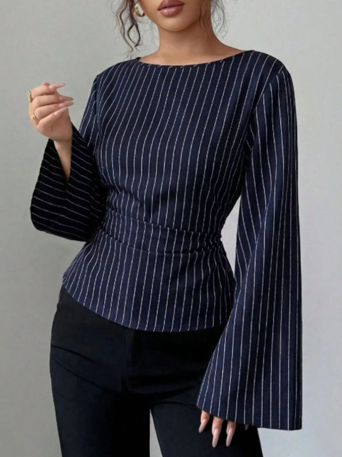 Elegant Pinstriped Bell Sleeve Blouse with Back Lace Up
