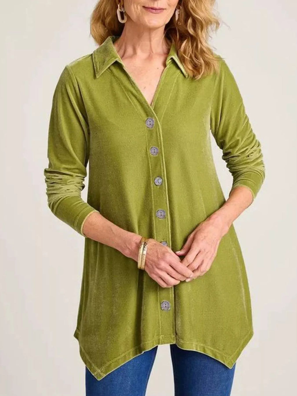 Velvet Button-Down Long Sleeve Shirt with Asymmetrical Hemline