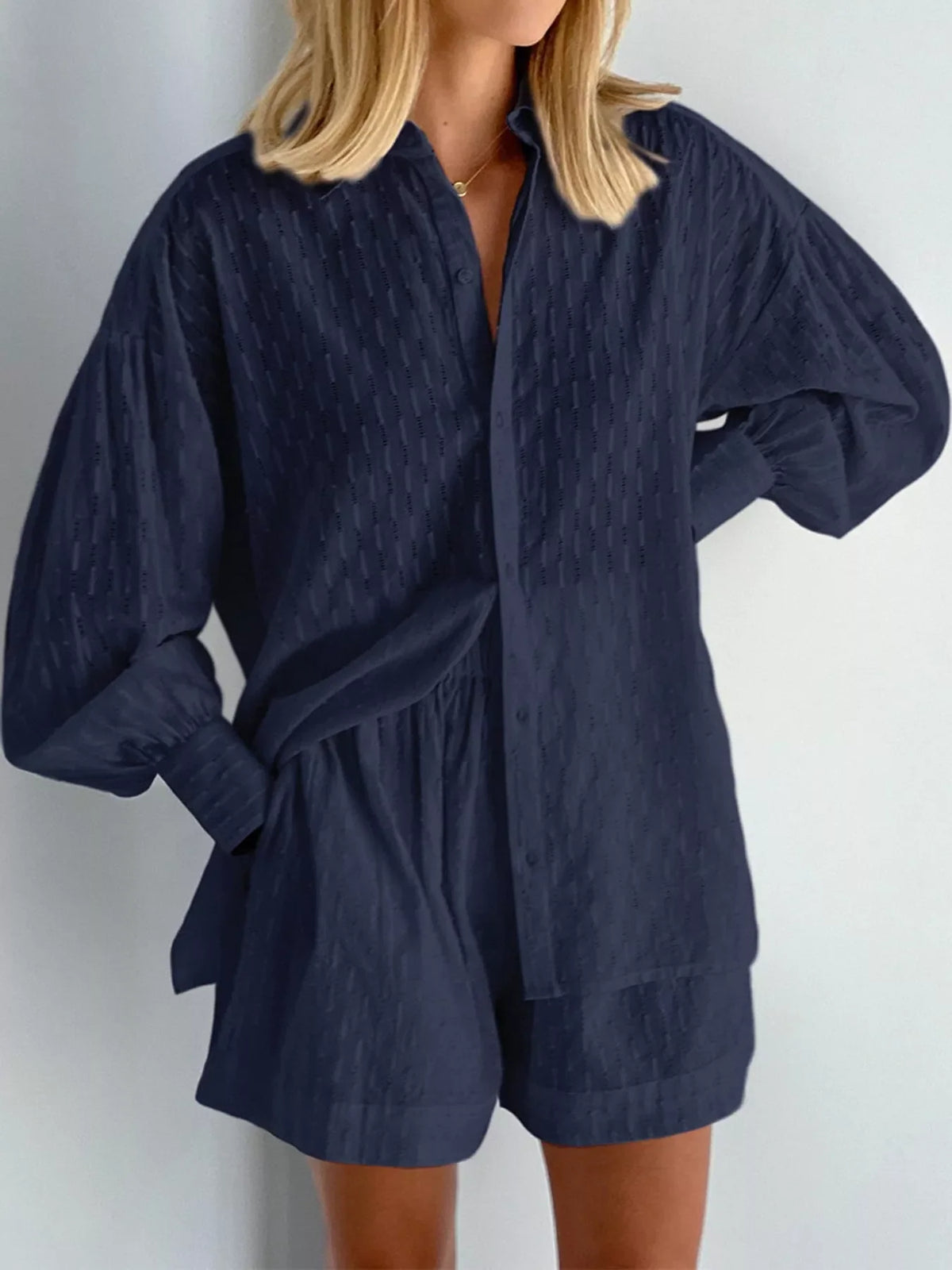 Textured Button-Down Shirt and Shorts Set