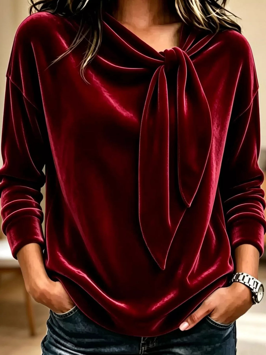 Velvet Tie Front Long Sleeve Sweatshirt