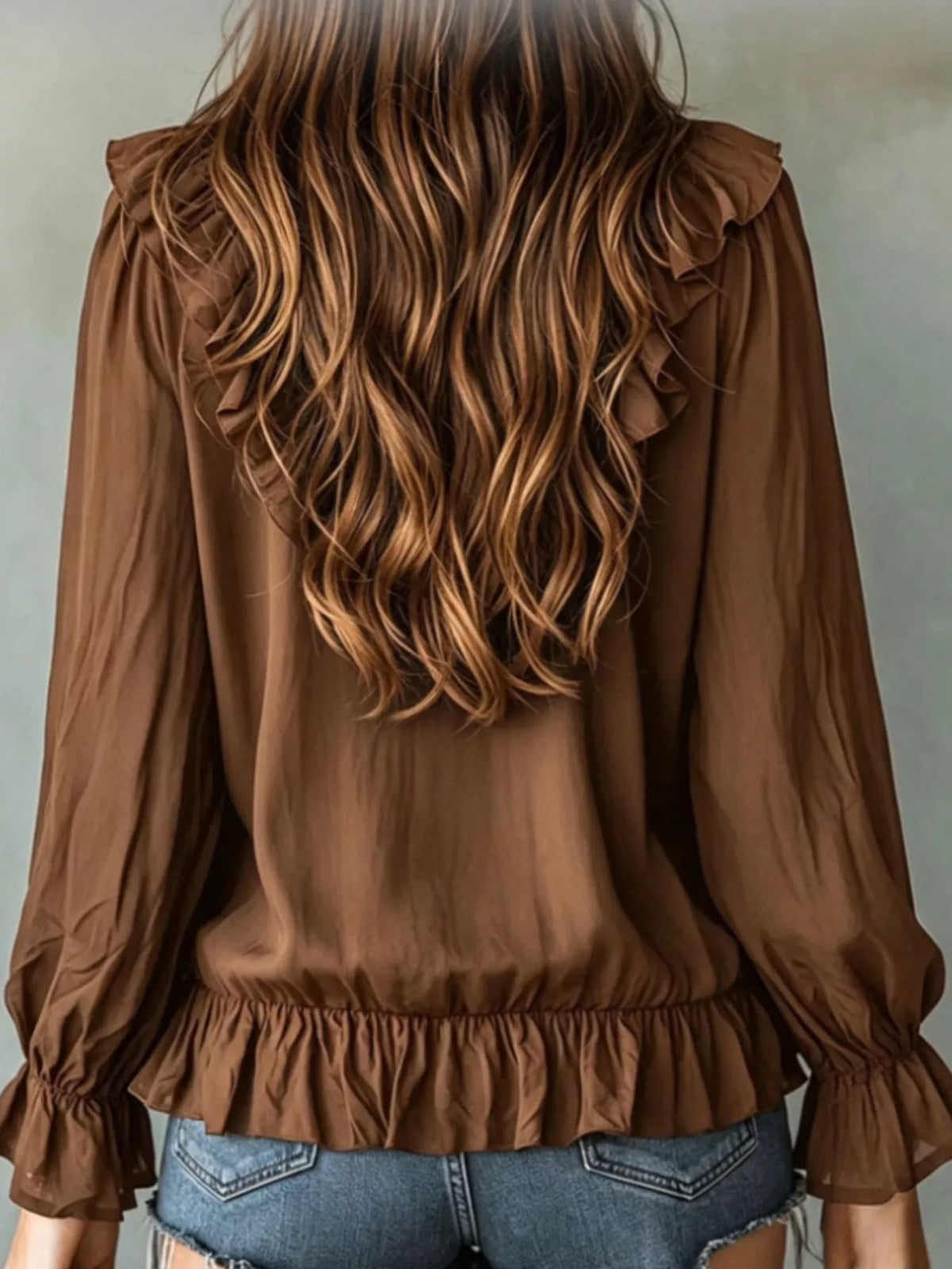 Ruffle V-Neck Long Sleeve Blouse