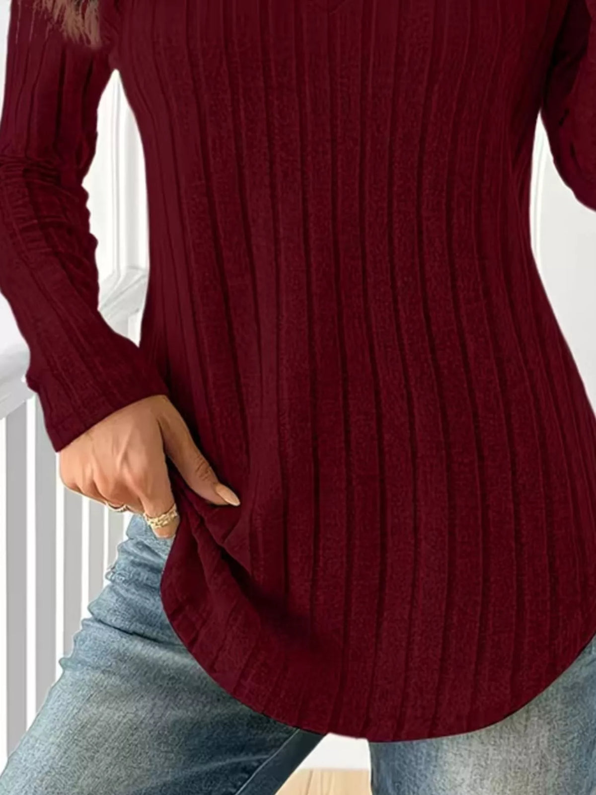 Ribbed Knit Long Sleeve T-Shirt
