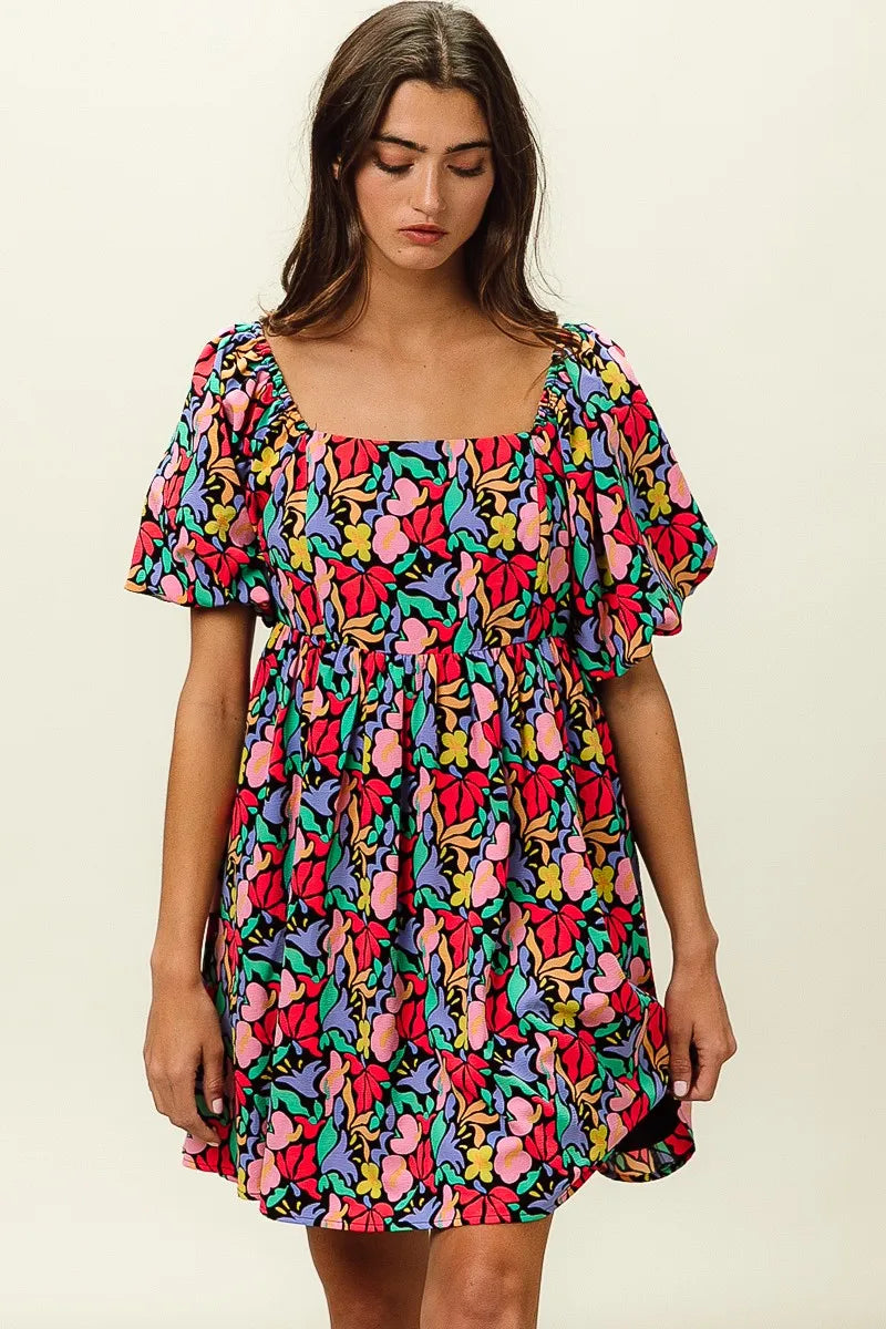BiBi Floral Print Puff Square Neck Dress