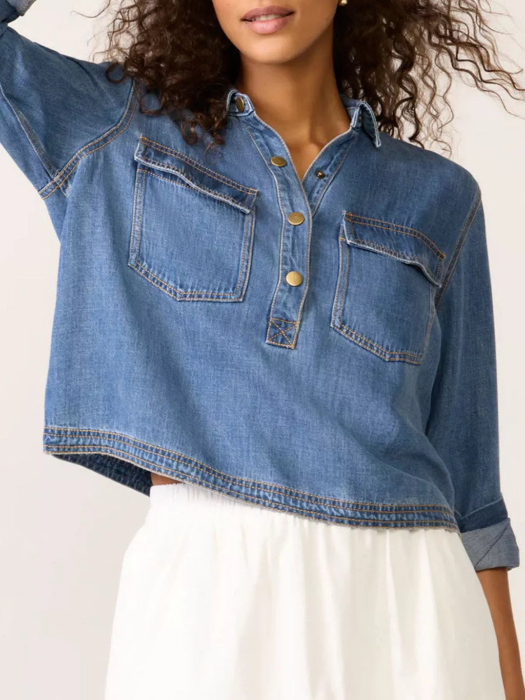 Half Snap Cropped Denim Top