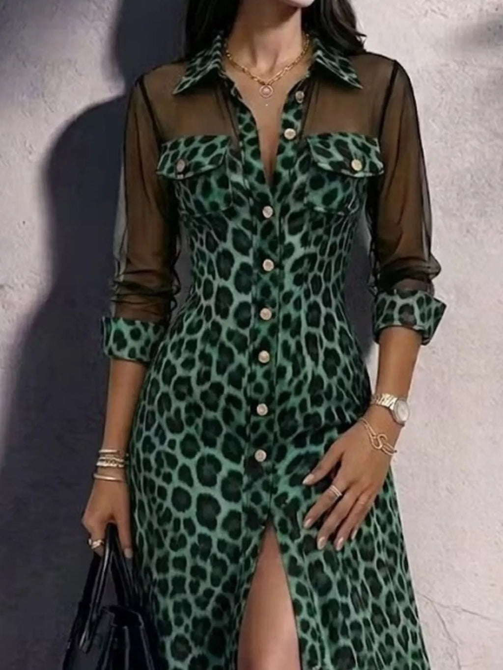 Full Size Leopard Print Sheer Mesh Panel Button-Down Maxi Dress Plus Size