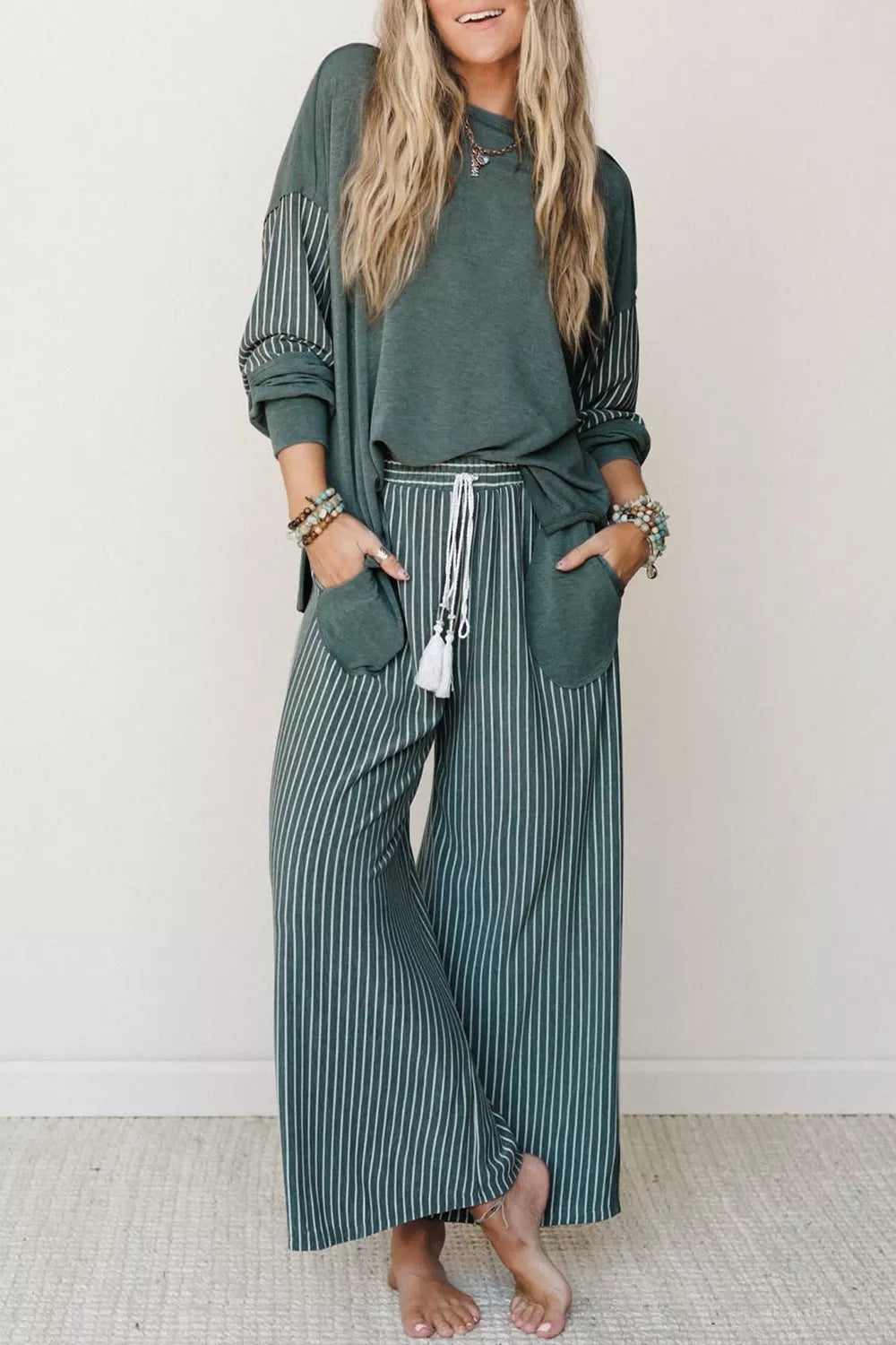 Raw Seam Patchwork Long Sleeve Top Pocket Casual Pants 2pcs Set