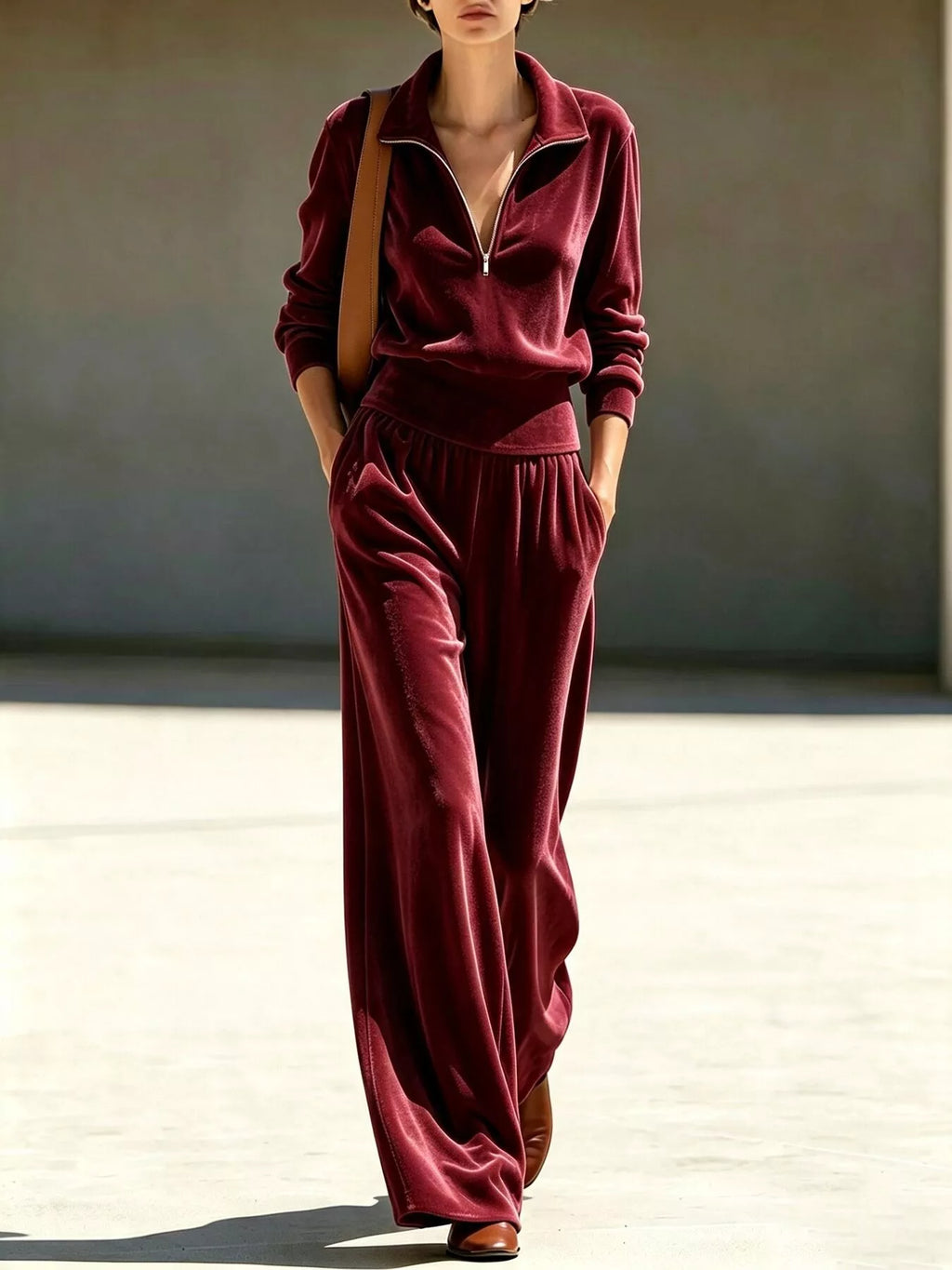 Full Size Half Zip Sweatshirt and Wide-Leg Pants Set Plus Size