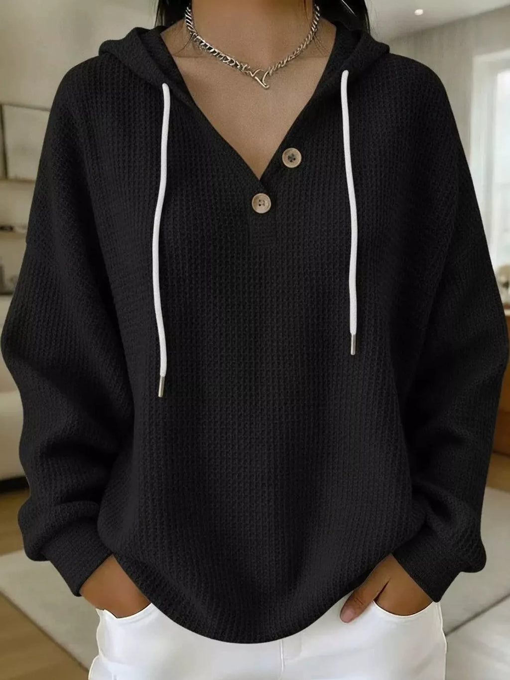 Full Size Waffle Knit Button Detail Hoodie Plus Size