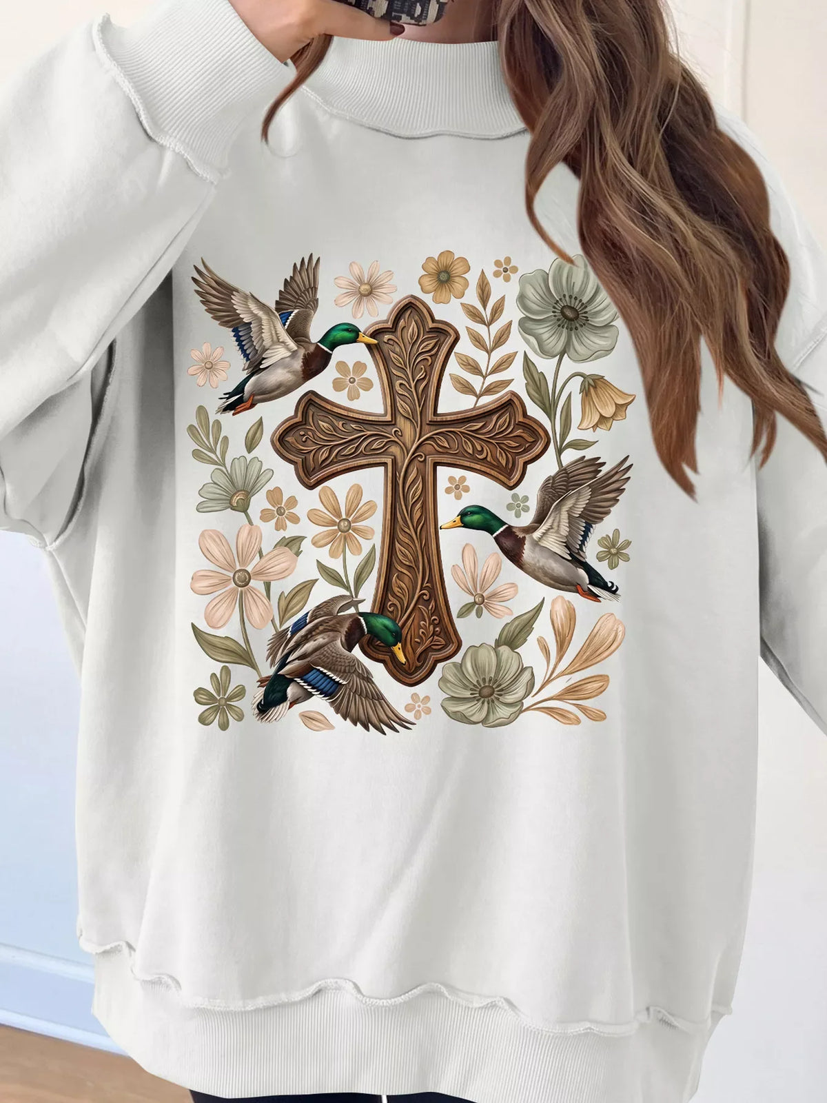 Floral Cross Printed Mock Neck Pullover Sweatshirt