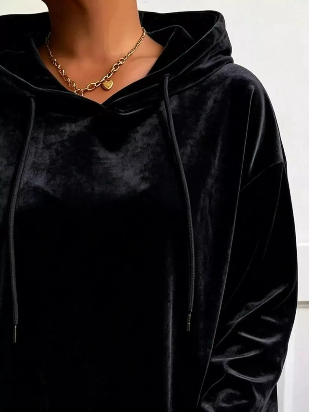 Plus Size Velvet Drawstring Dropped Shoulder Hoodie