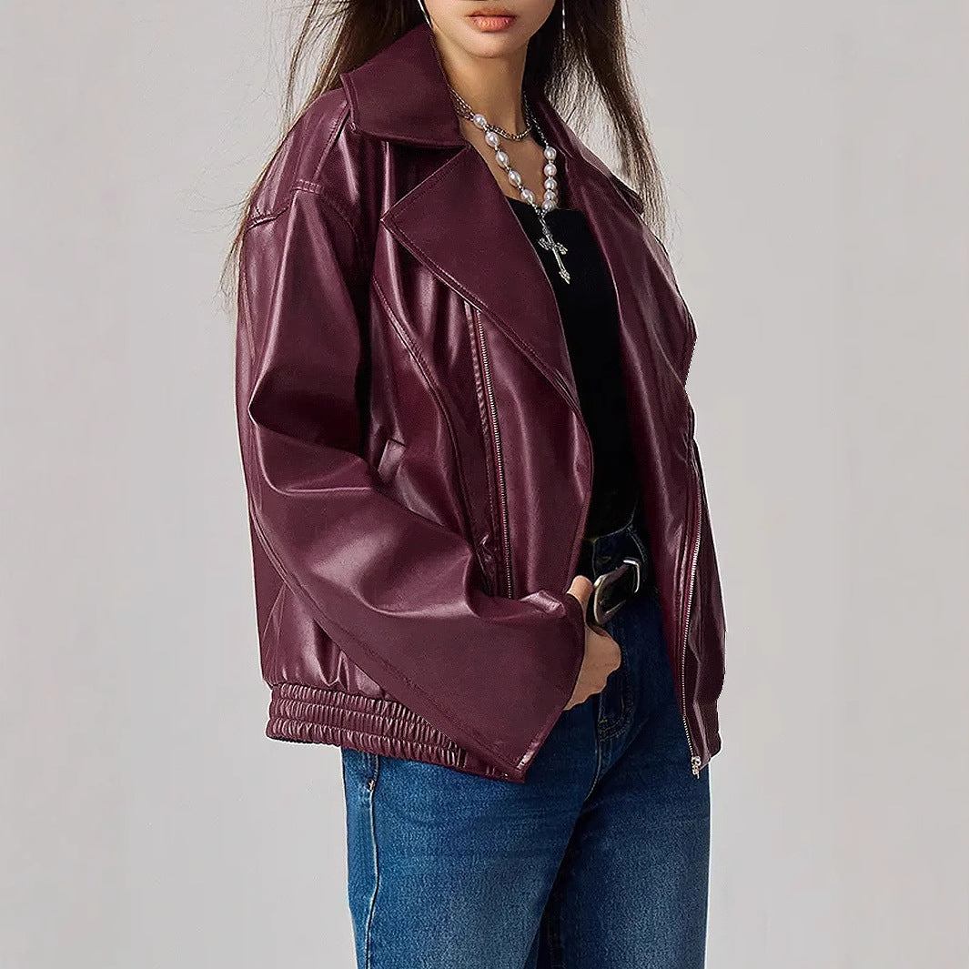 Loose-fitting Long Sleeves Leather Jacket Coat