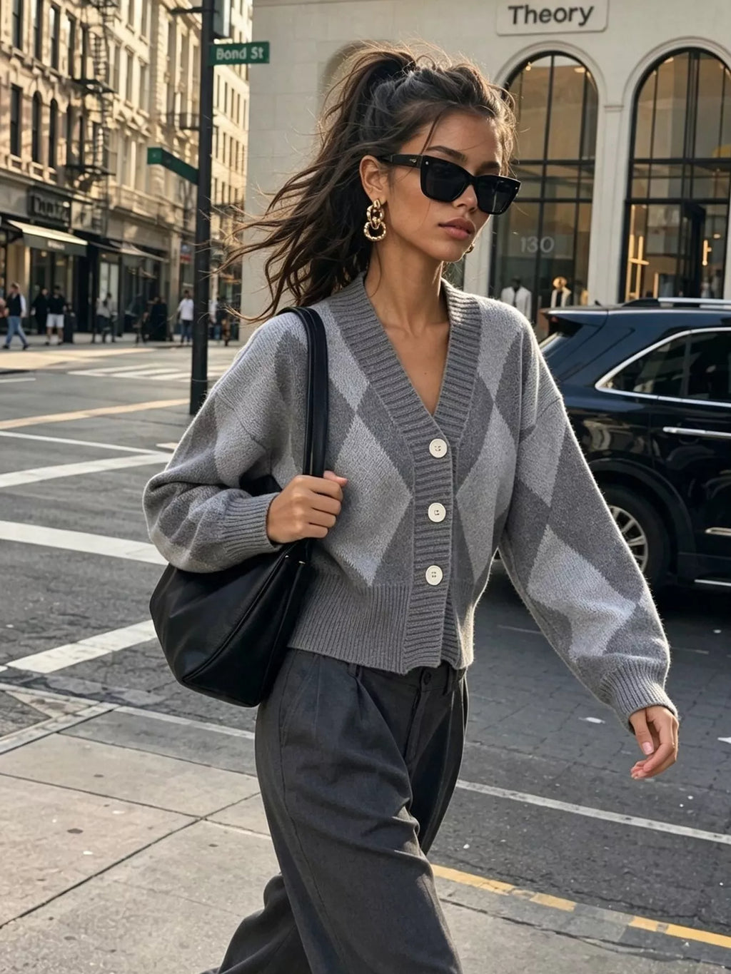 Argyle Pattern V-Neck Button-Down Cardigan