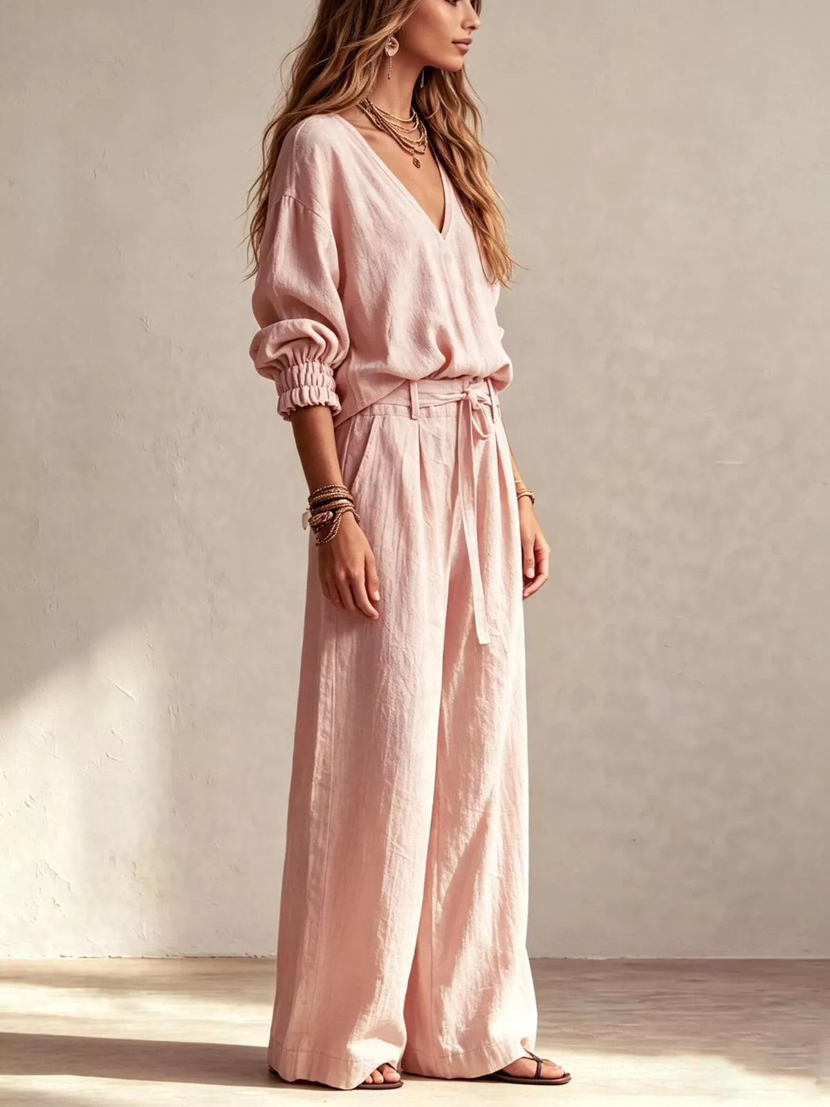 V-Neck Top and Wide-Leg Pants Set