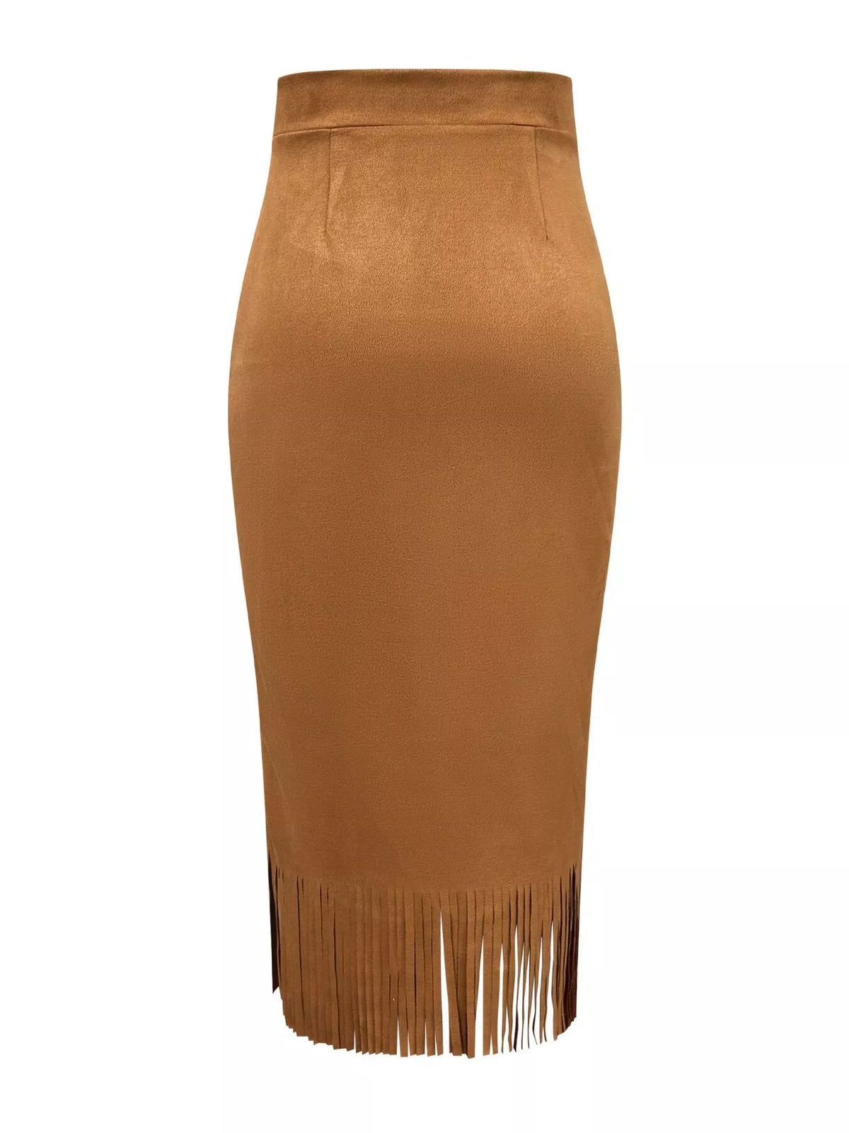 High-Waisted Suede Fringe Midi Skirt