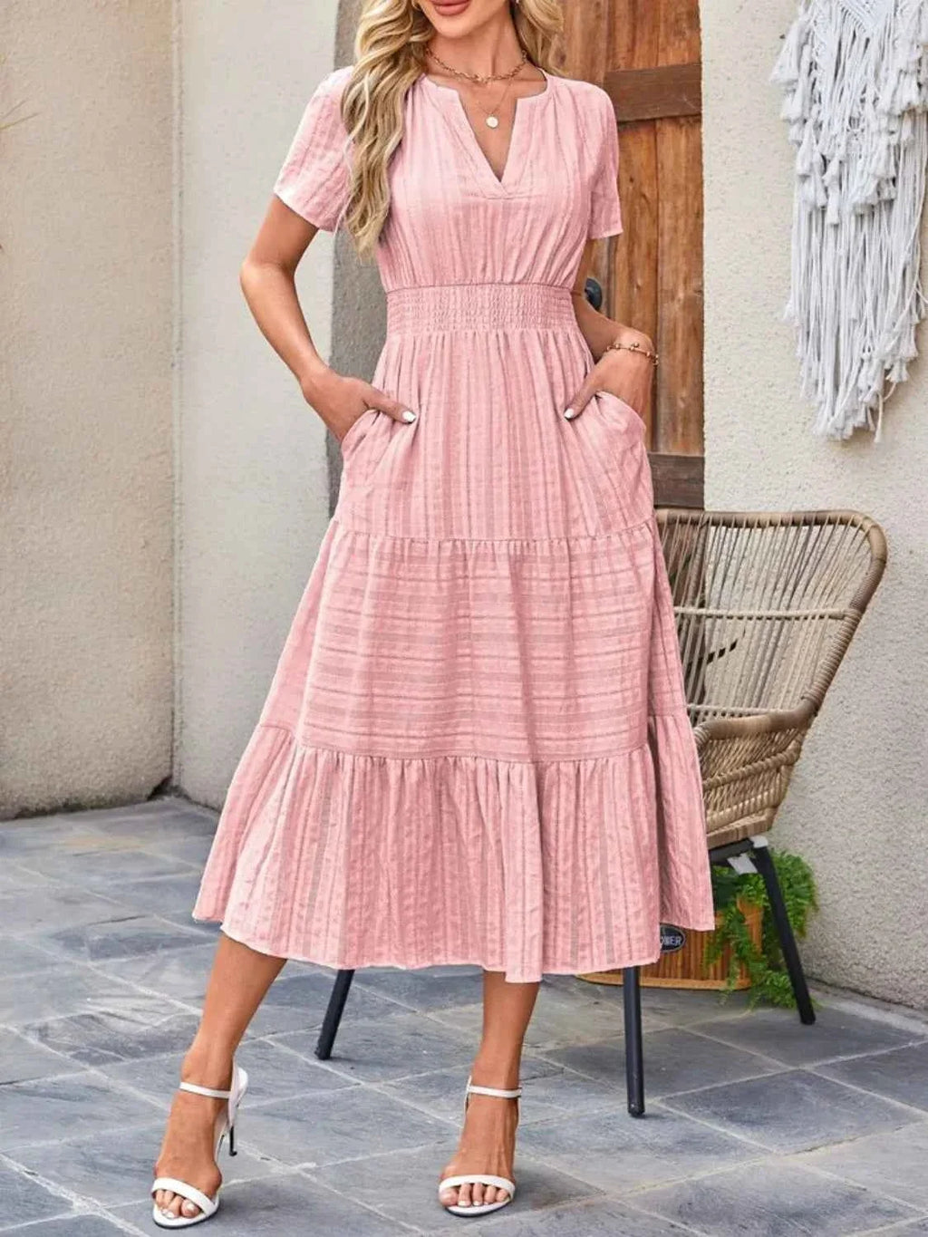 Tiered Notched V-Neck Short Sleeve Midi Dress