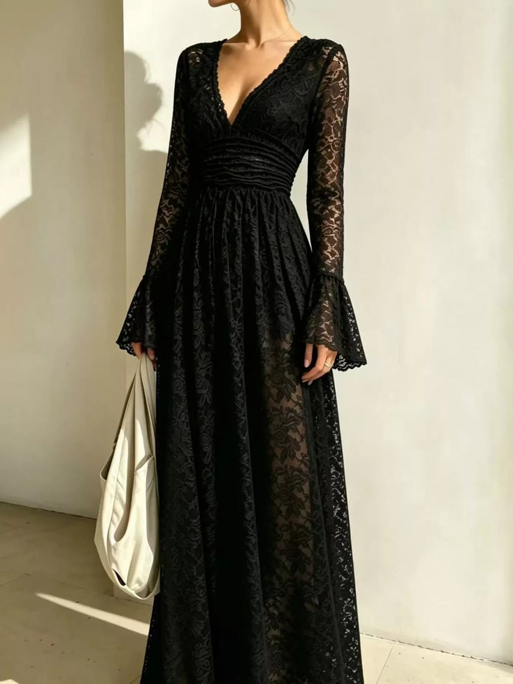 V-Neck Lace Flare Sleeve Maxi Dress