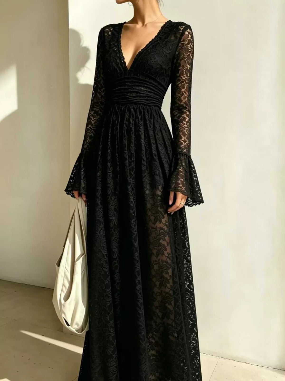 V-Neck Lace Flare Sleeve Maxi Dress