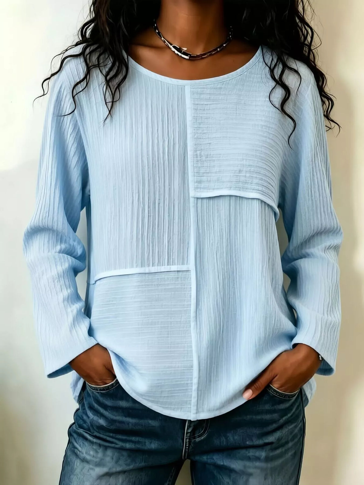 Textured Patchwork Long Sleeve Casual T-Shirt