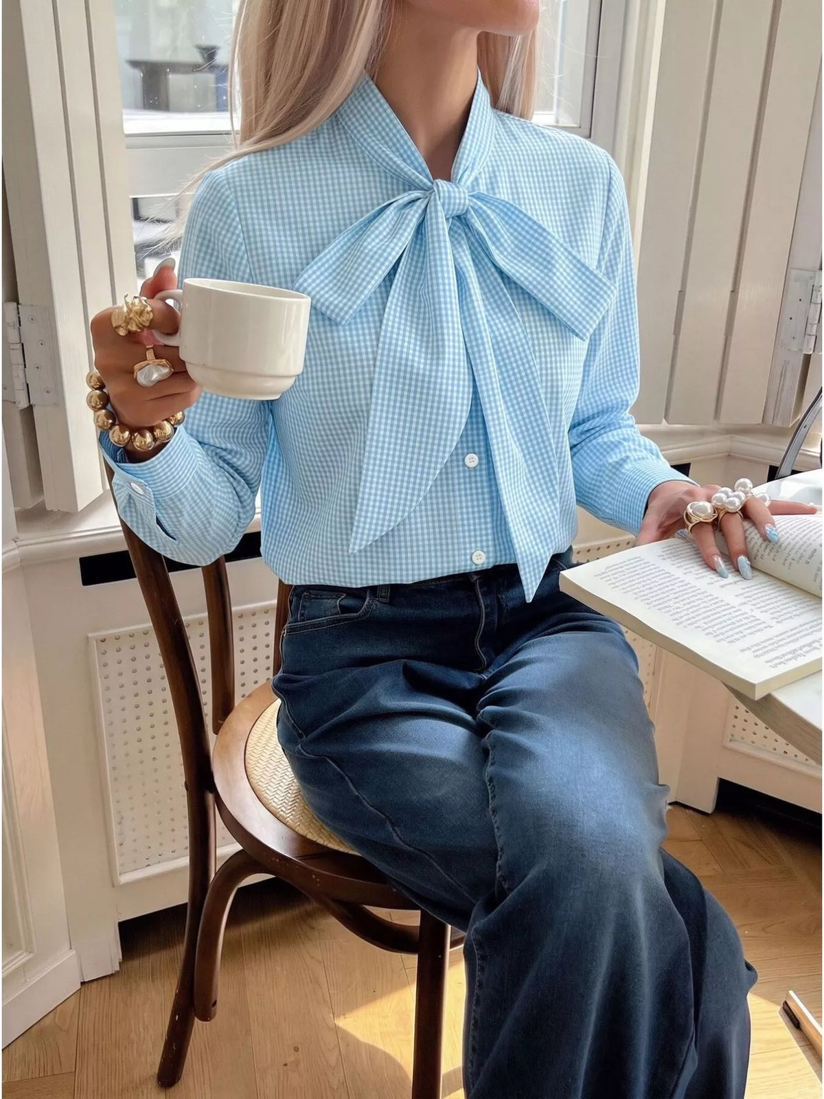 Gingham Bow-Tie Neck Long Sleeve Shirt