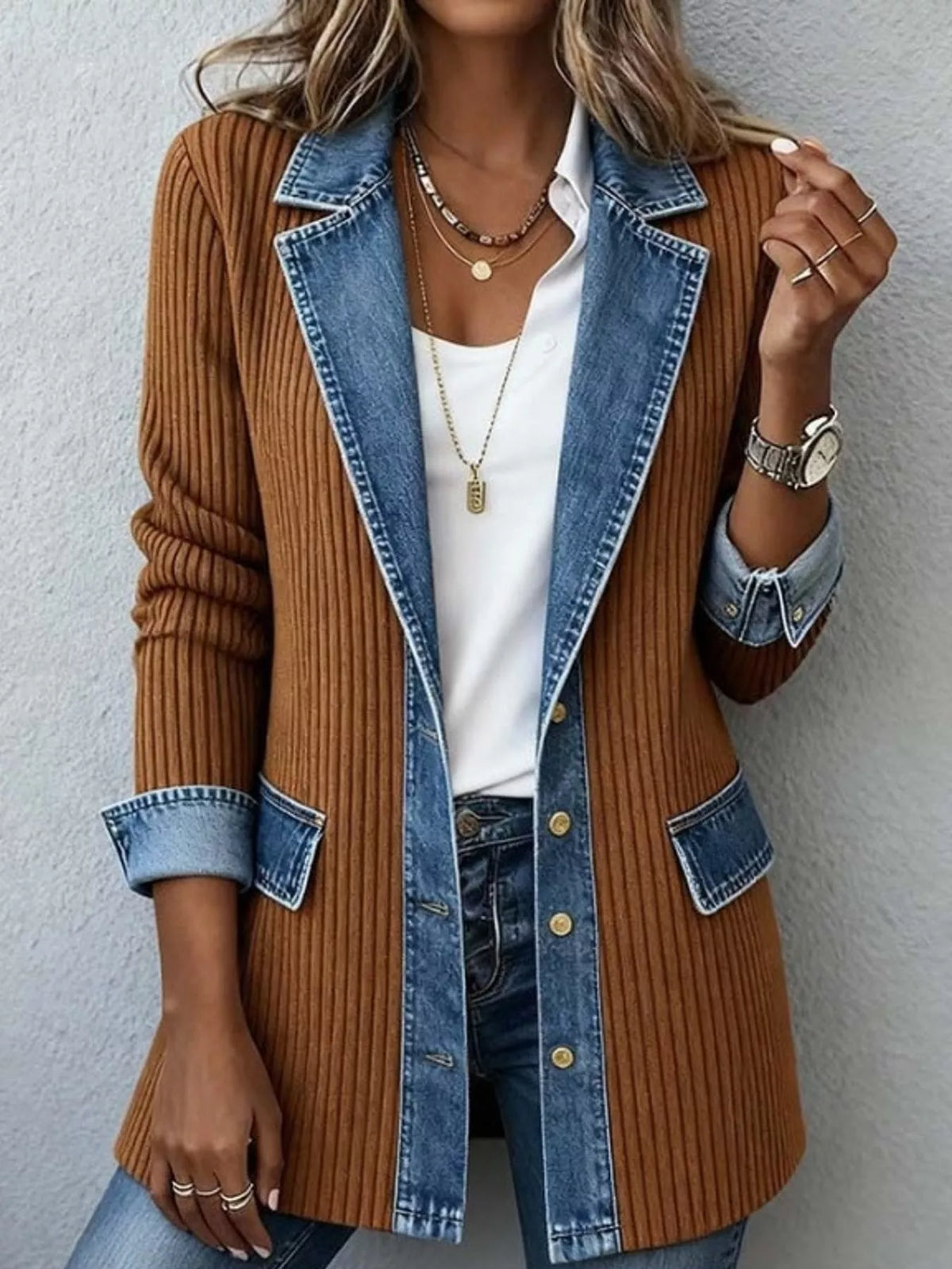 Full Size Denim Trim Ribbed Knit Cardigan Plus Size