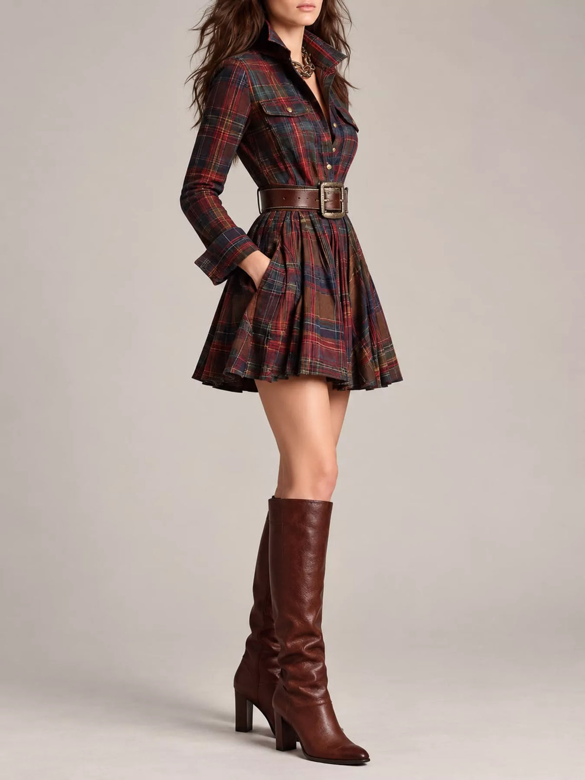 Plaid Long-Sleeve Shirt Dress