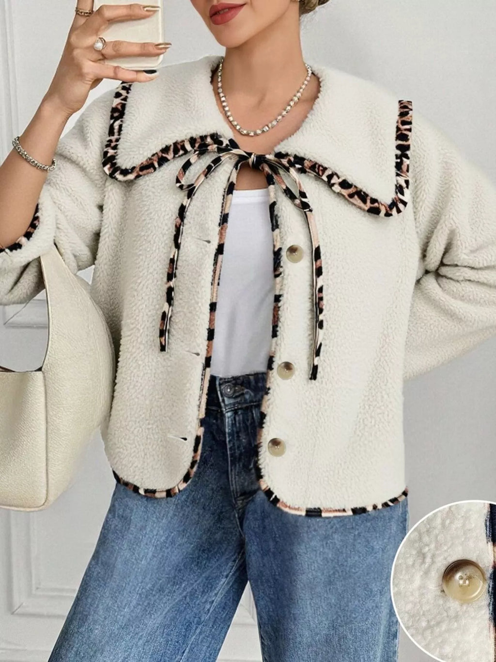 Leopard Trim Contrast Collar Sherpa Jacket