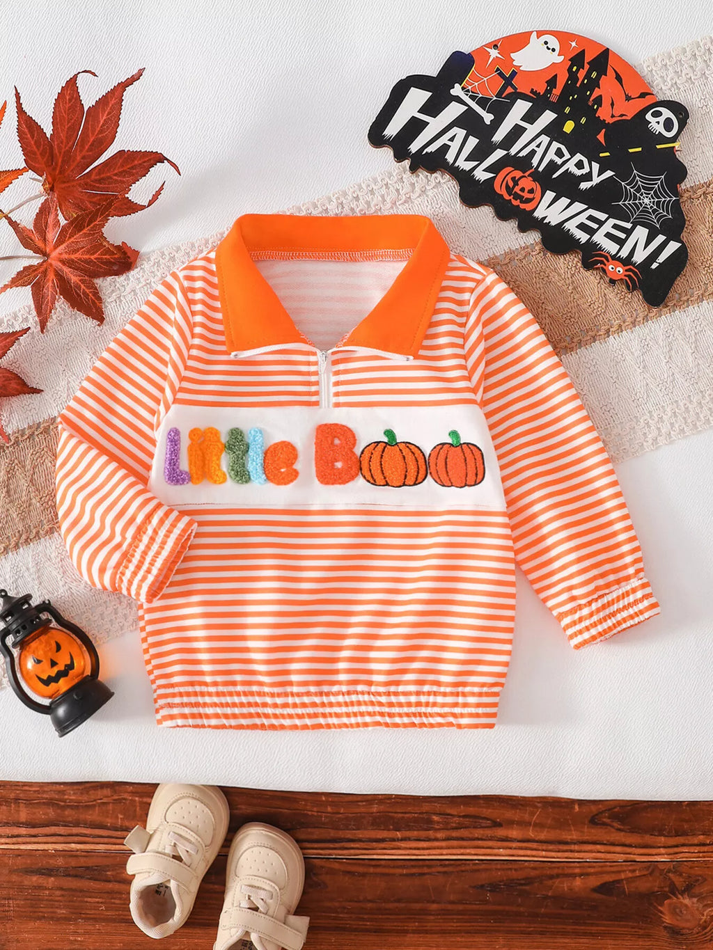 Children's Little Boo Halloween Striped Quarter-Zip Sweatshirt