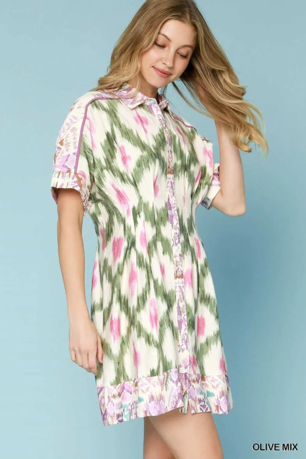 Umgee Ethnic Print Short Sleeve Mini Shirt Dress