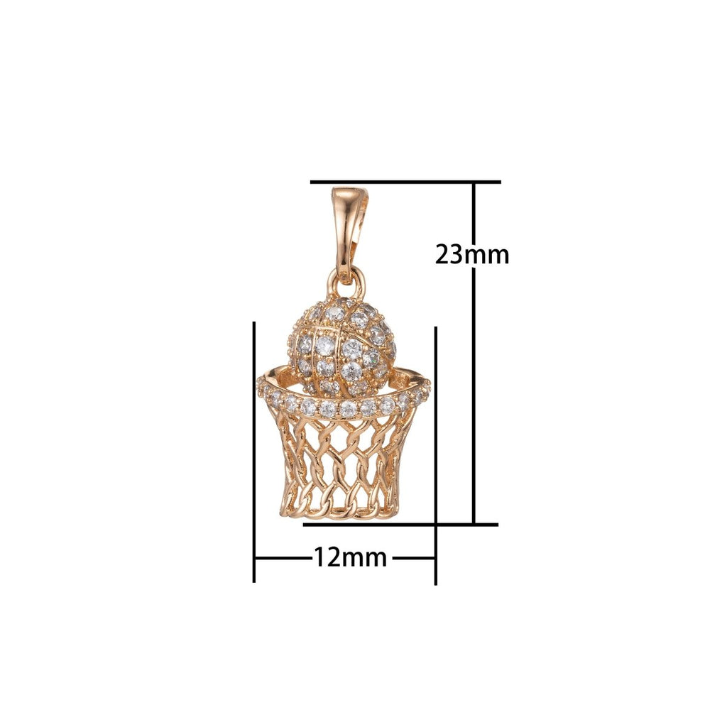 18k Gold Filled Micro Pave CZ Basketball Pendant Charm, Micro Pave CZ Slam Dunk Pendant Charm, Gold Filled Pendant, For DIY Jewelry I-415
