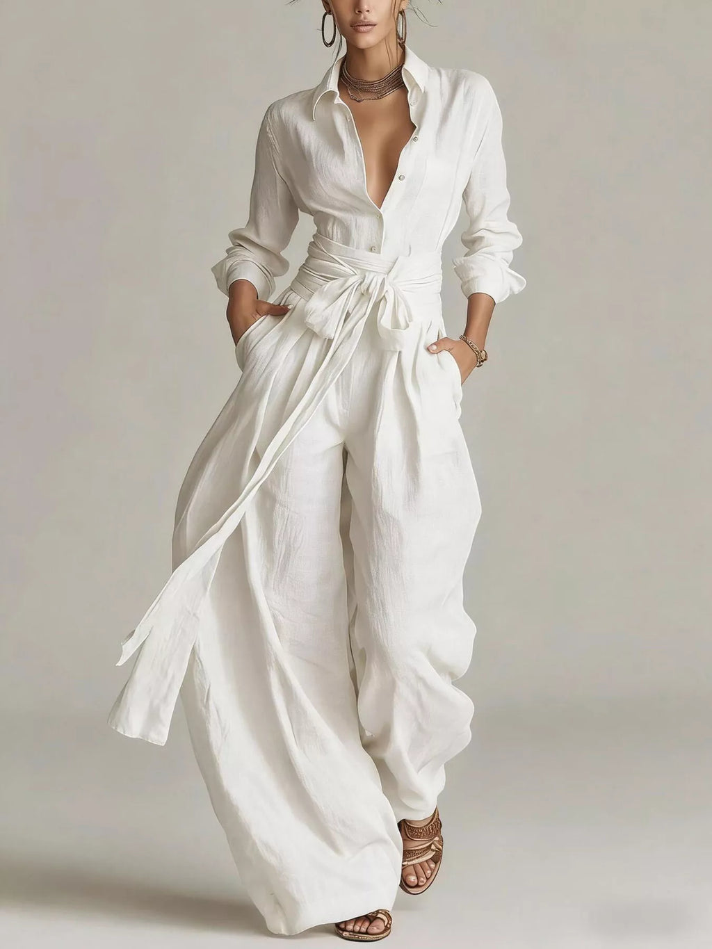Long-Sleeve Button-Down Waist-Tie Jumpsuit
