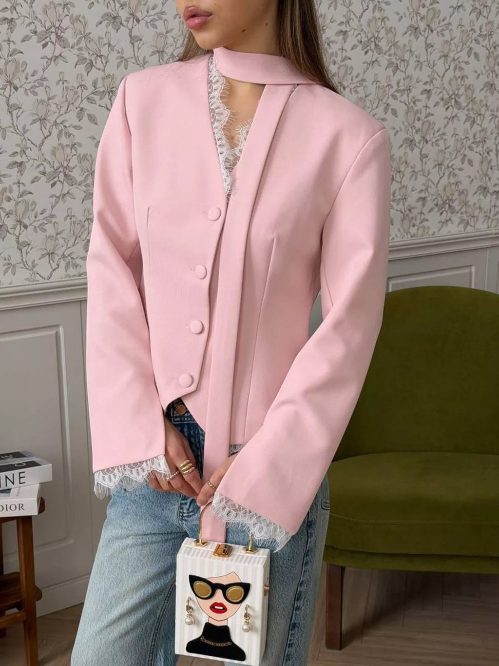Lace Trim Button Up Blazer