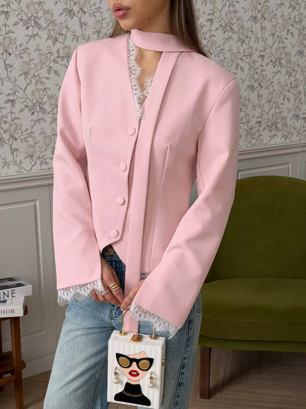 Lace Trim Button Up Blazer