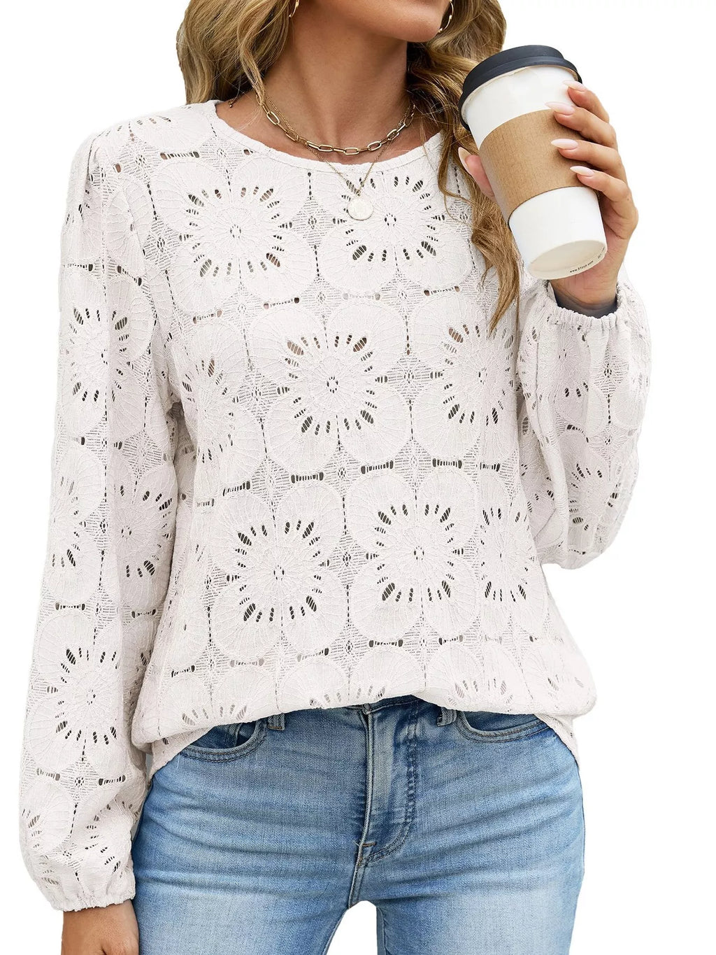 Floral Eyelet Lace Long Sleeve Blouse