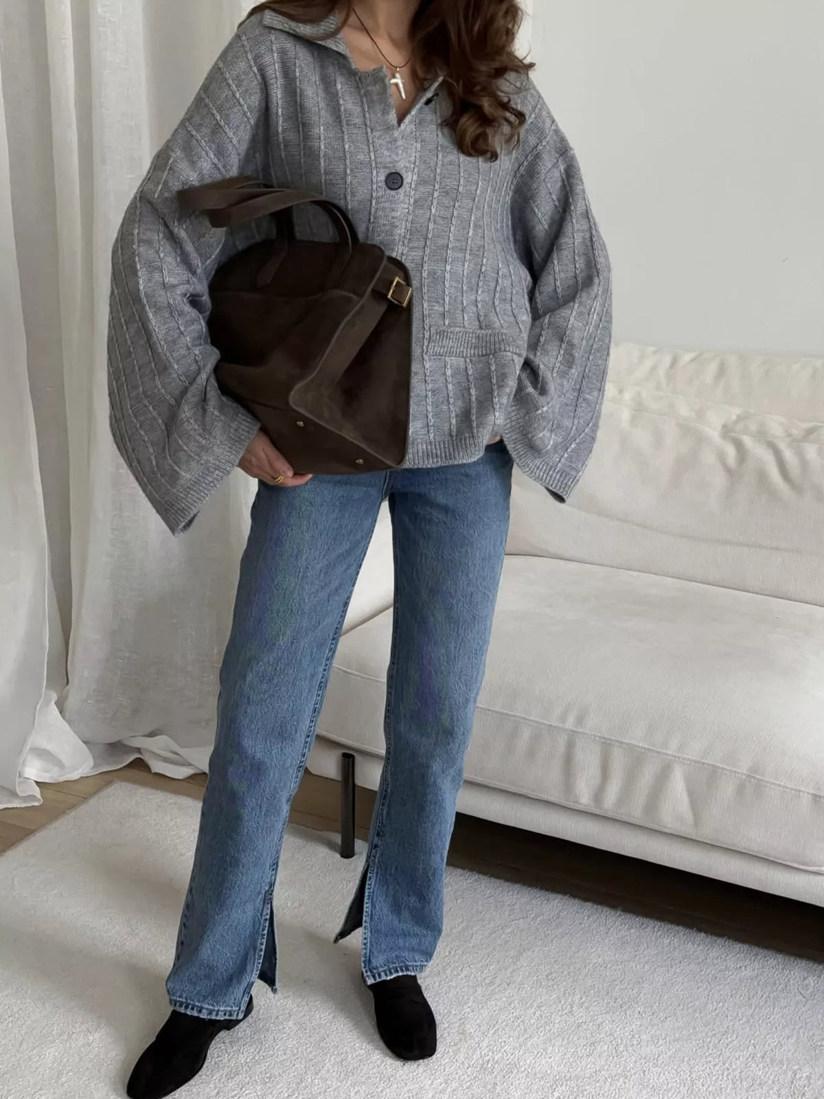 Texture Knit Cardigan with Wide Sleeves and Collar