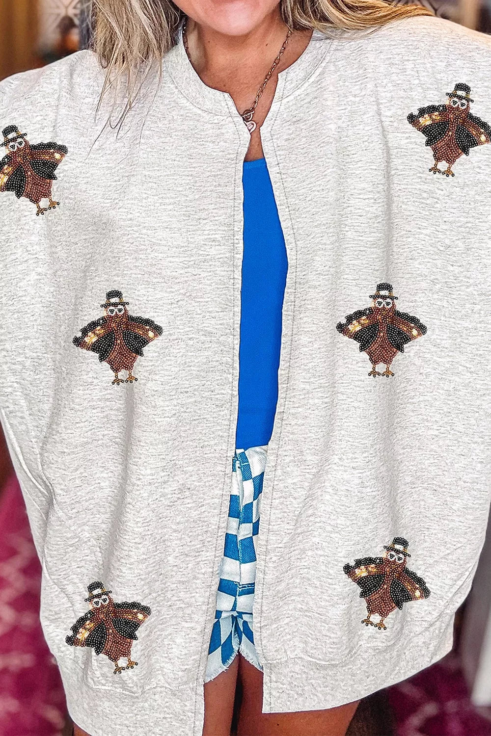 Sequin Turkey Graphic Casual Pocketed Open Front Sweatshirt