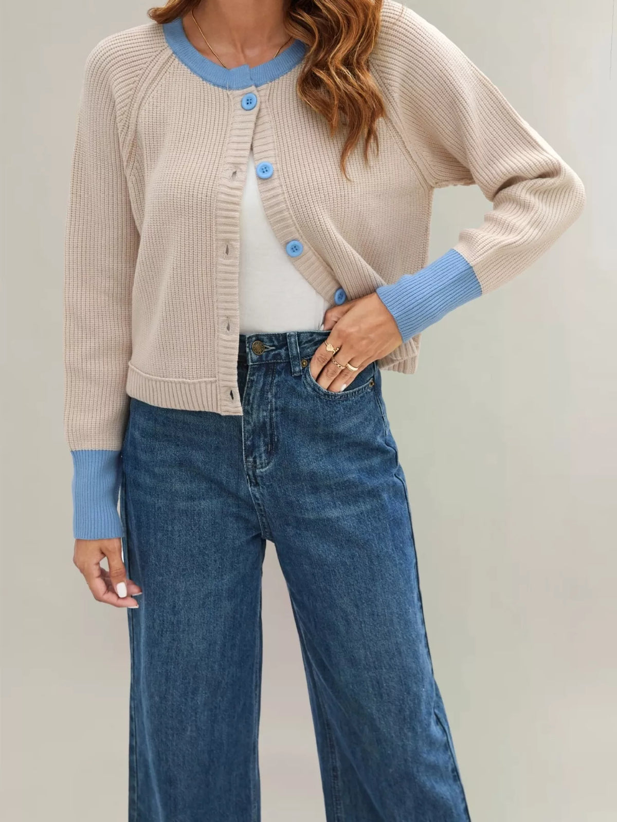 Color Block Ribbed Knit Button-Front Cardigan