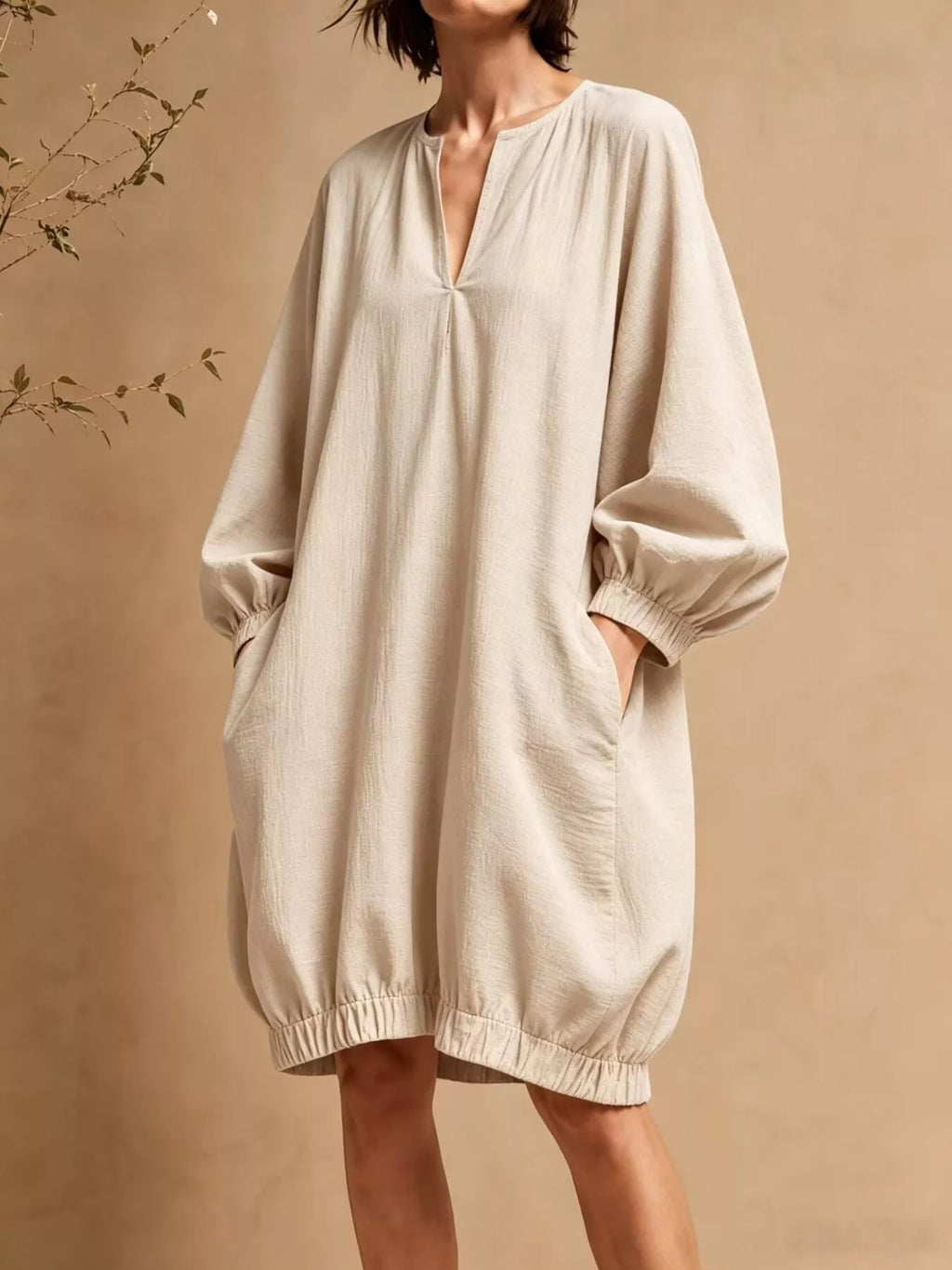 Casual Loose-Fit Balloon Sleeve Mini Dress with Pockets