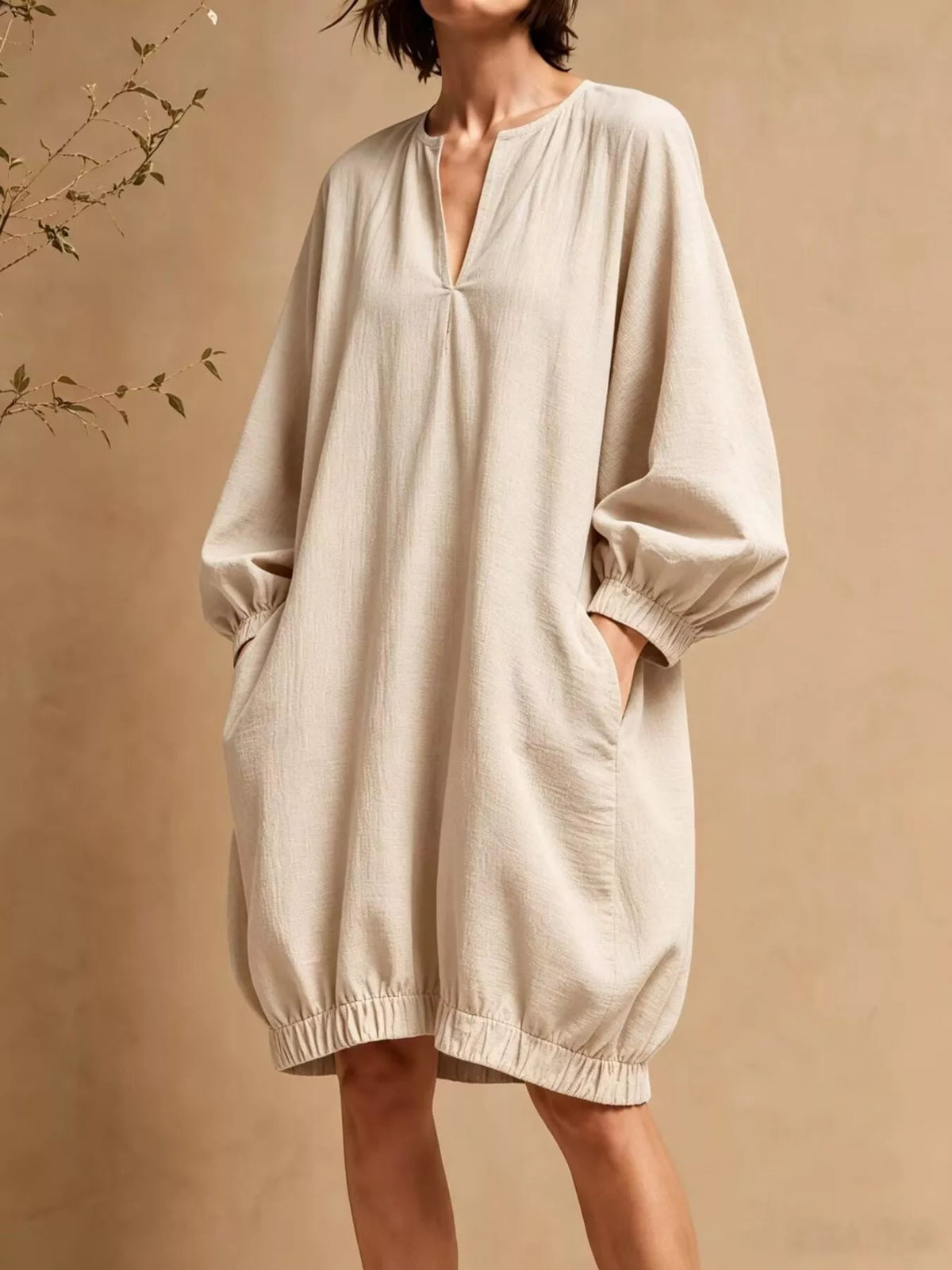 Casual Loose-Fit Balloon Sleeve Mini Dress with Pockets