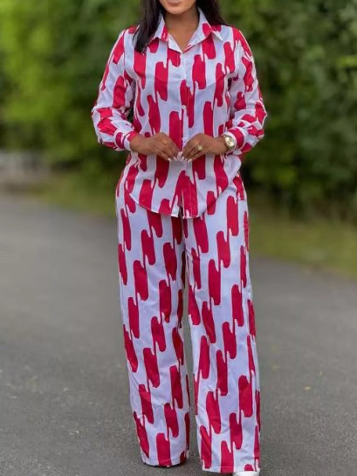 Striped Button-Down Shirt and Wide-Leg Pants Two-Piece Set