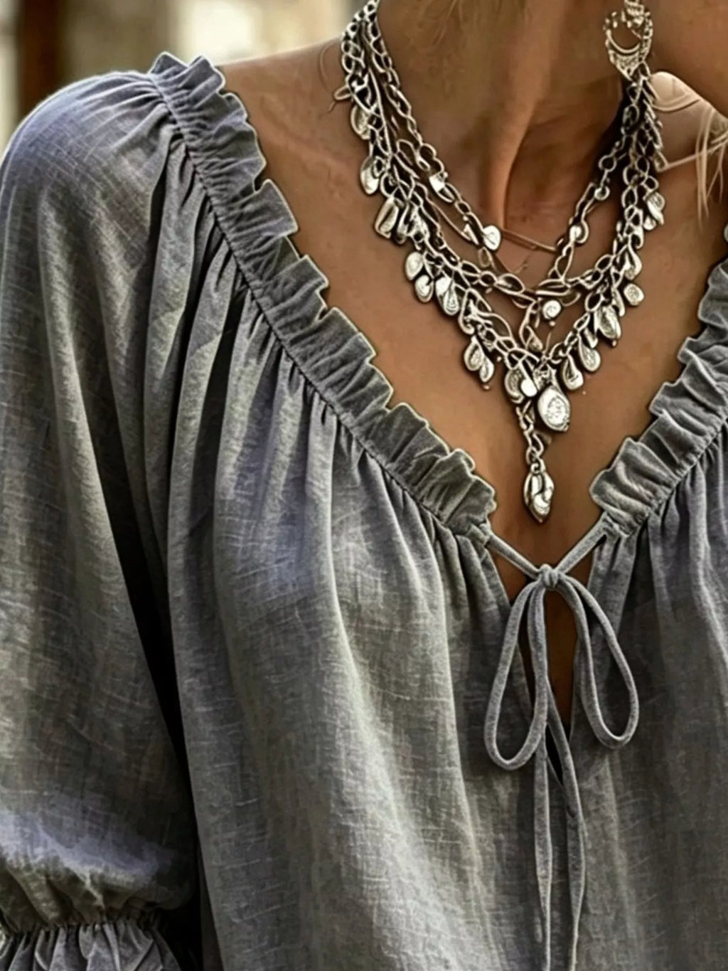 Frill Tie Neck 3/4 Sleeve Blouse