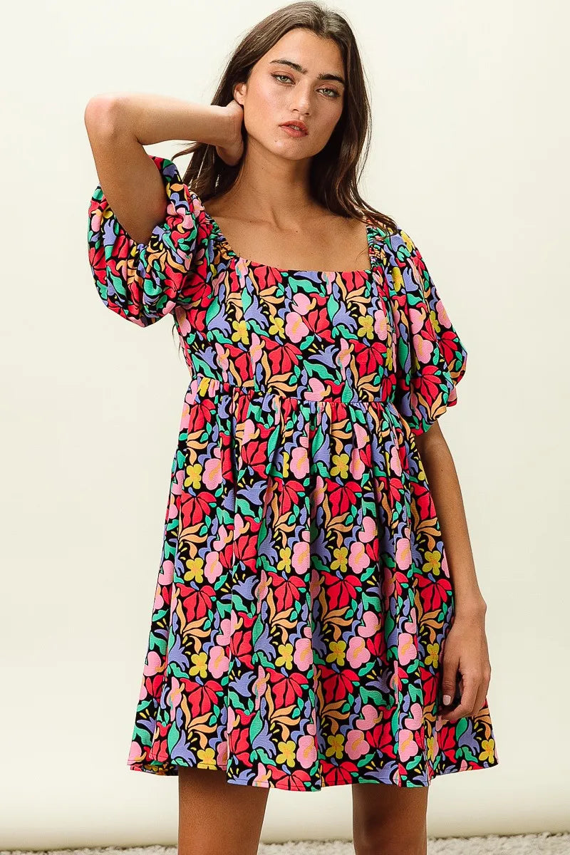 BiBi Floral Print Puff Square Neck Dress