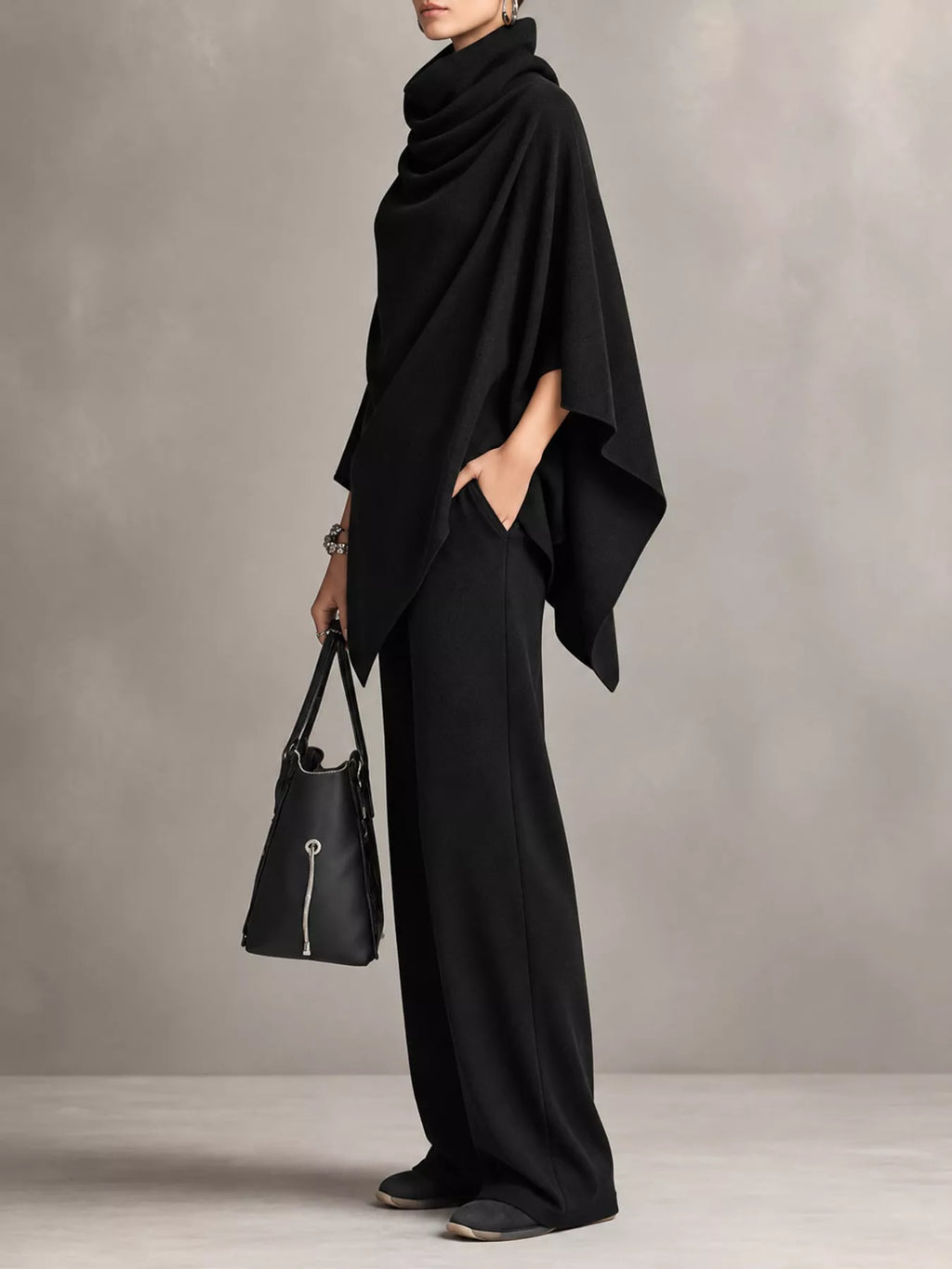 Full Size Turtleneck Poncho and Wide-Leg Pants Set Plus Size