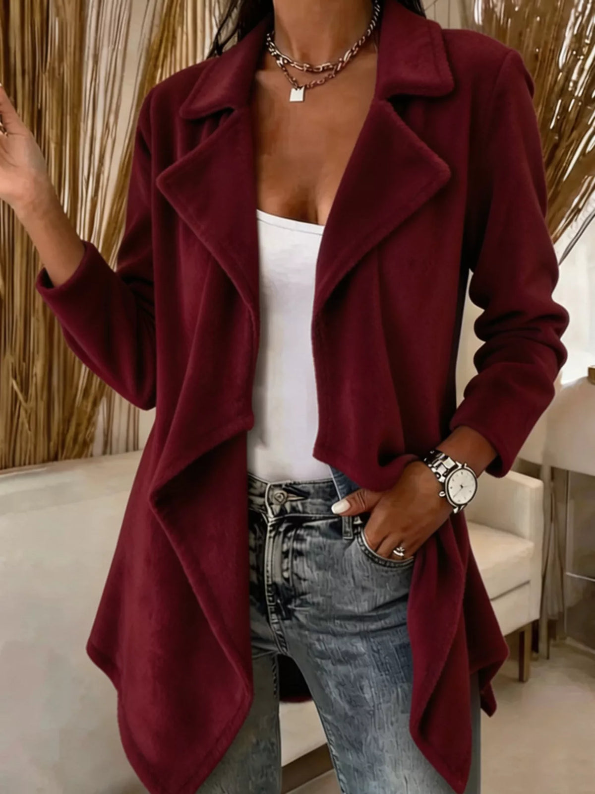 Full Size Fleece Waterfall Collar Outerwear Plus Size