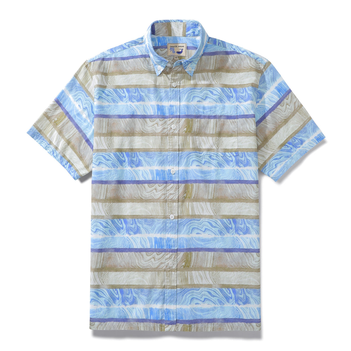 Men's Horizontal Stripe Shirt Blue Waves Print Casual Short Sleeve Button Down By Sylvia