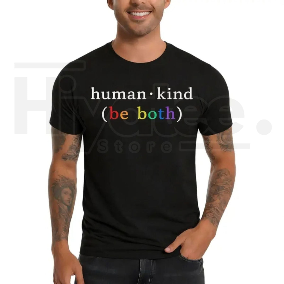 "Human Kind. Be Both." Men's Graphic Tee – Rainbow Positive Quote T-Shirt