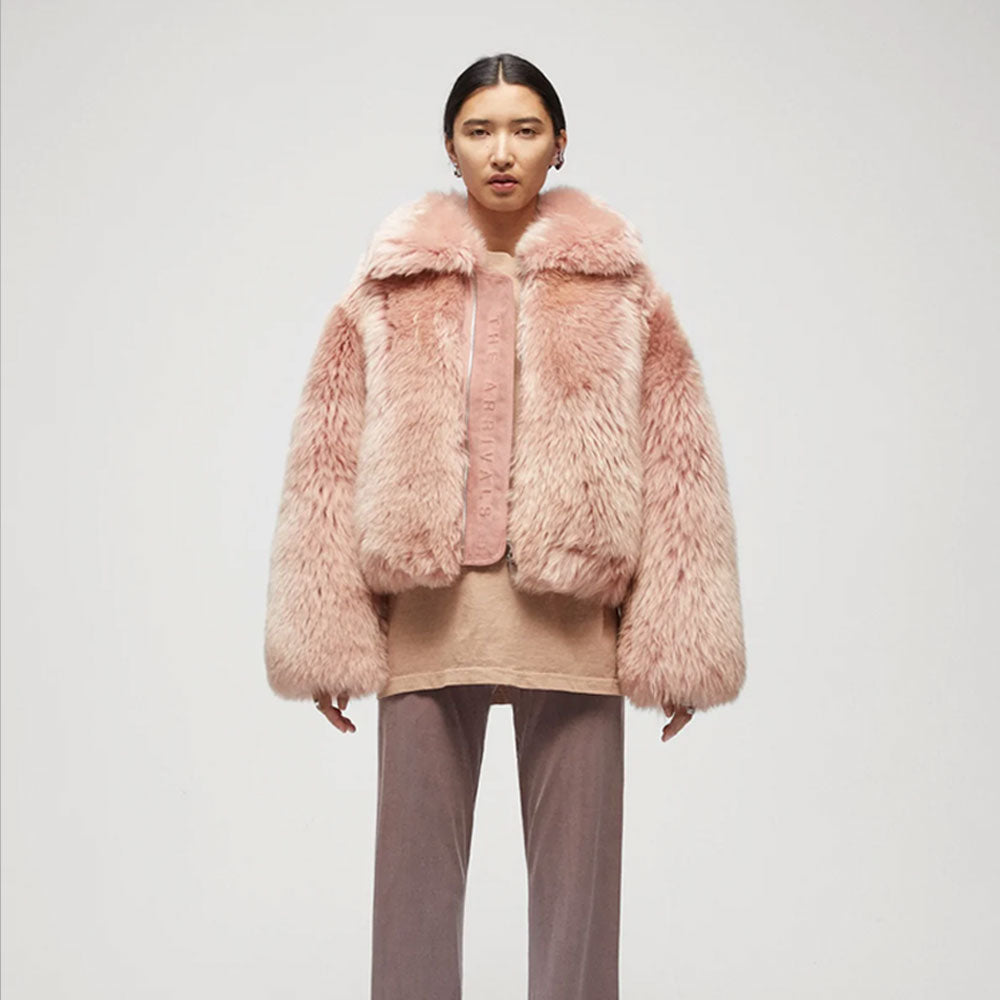 Women’s Pink Shearling Short Fox Fur Leather Jacket