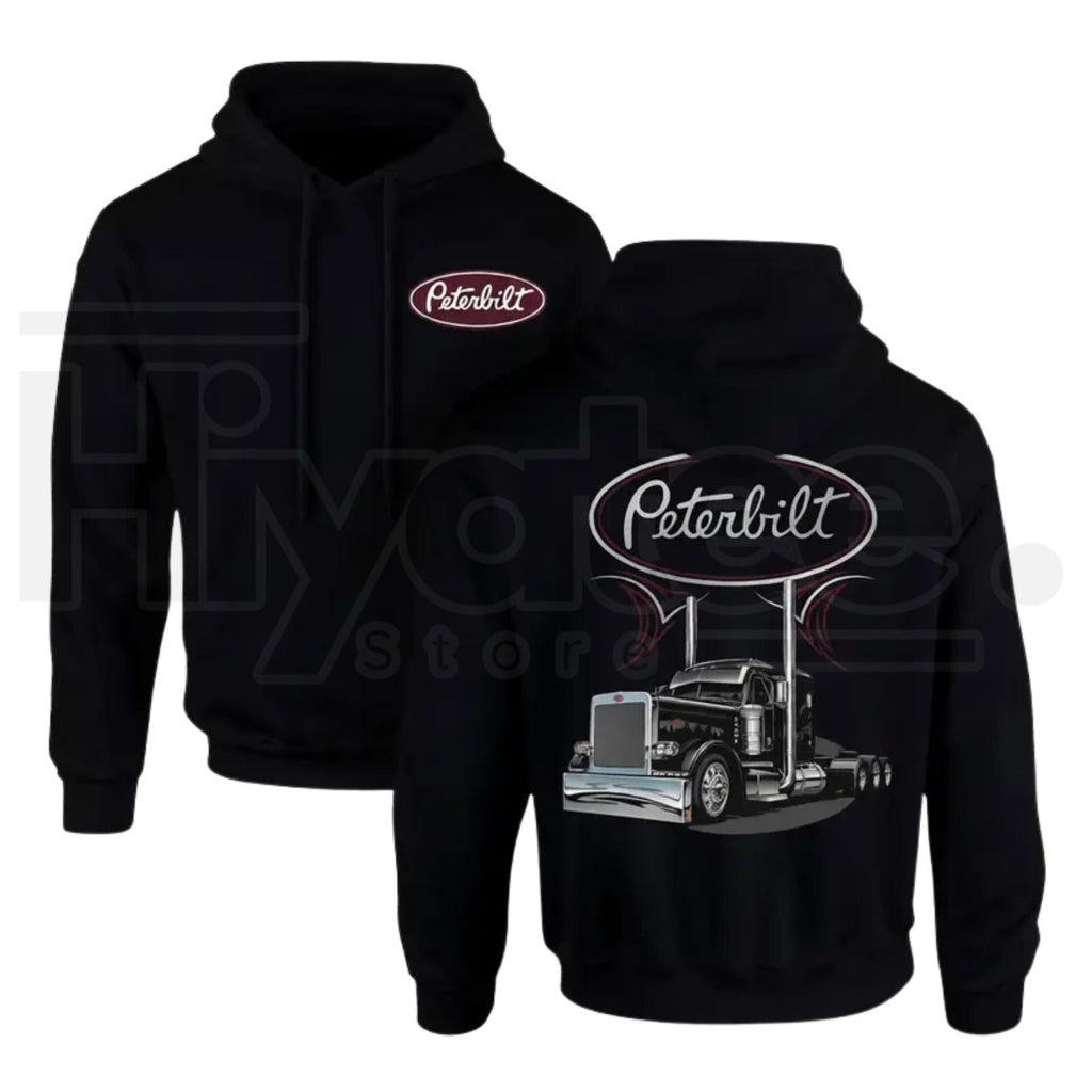 Semi-Truck Graphic Hoodie – Classic Black Long Sleeve Pullover Hooded Sweatshirt
