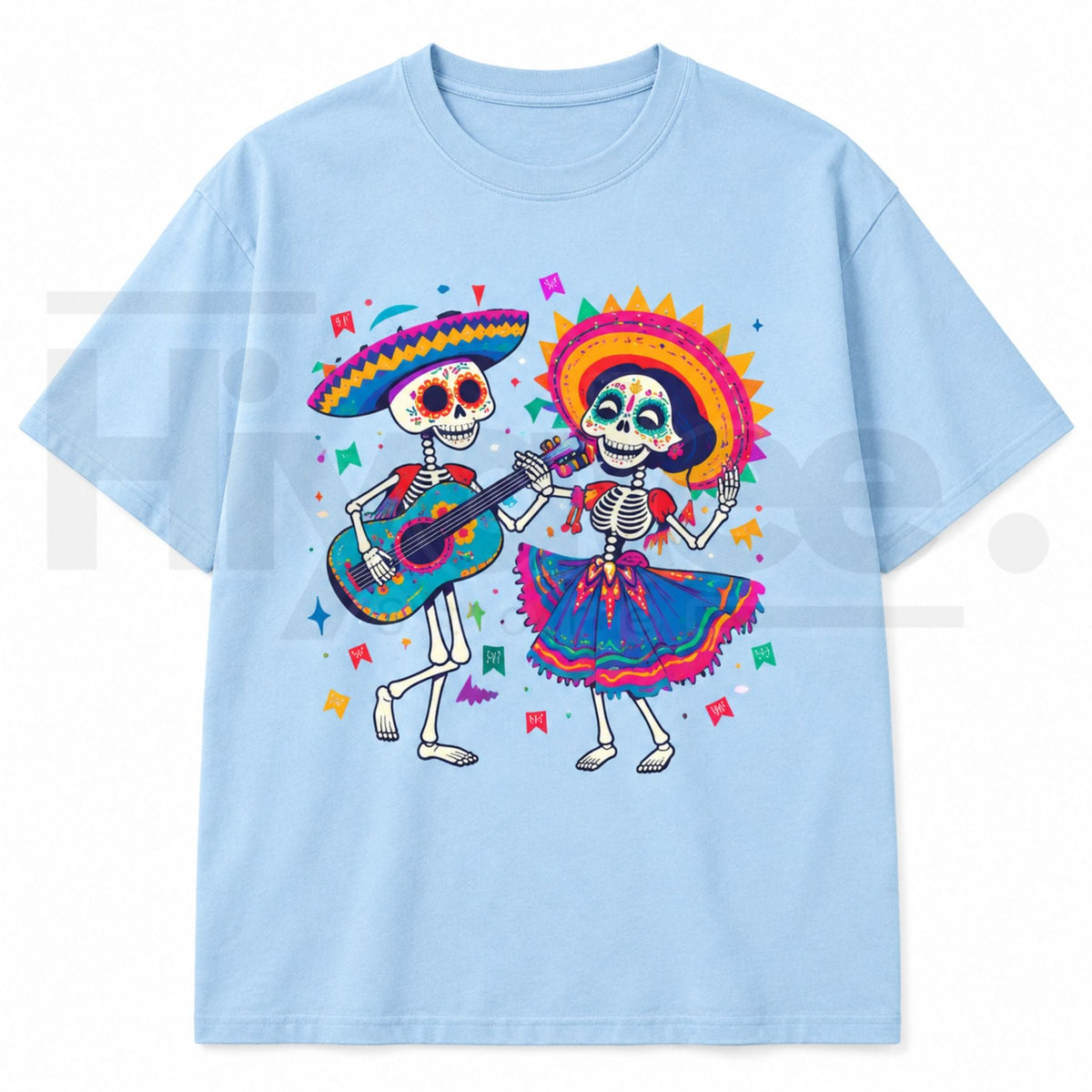 Vibrant Folk Art Skeleton Dance T-Shirt – Colorful Skull & Guitar Spring Summer Graphic Tee