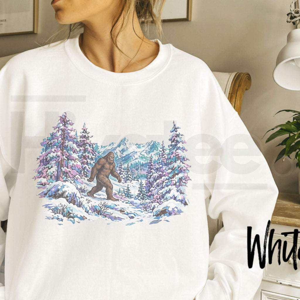 Vintage Sasquatch Snowy Forest Sweatshirt, Retro Bigfoot Mountain Graphic Pullover